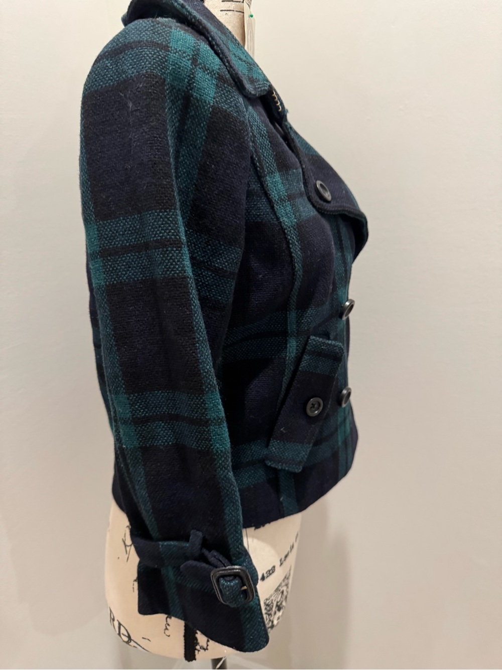 Rare Vtg J.Crew Wool Jacket Cropped Green Black Watch Plaid Peacoat 89712 sz 0 - Picture 5 of 12